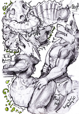 after_vore anal animal_genitalia animal_penis anthro big_butt bone bones_in_stomach butt canine_genitalia canine_penis digestion duo fatal_vore genitals guts intestinal_bulge intestines male male/male organs overweight overweight_male penis ribs rumbling_stomach sex skull vore weight_gain anxiousboar novar sergal absurd_res hi_res sketch traditional_media_(artwork)