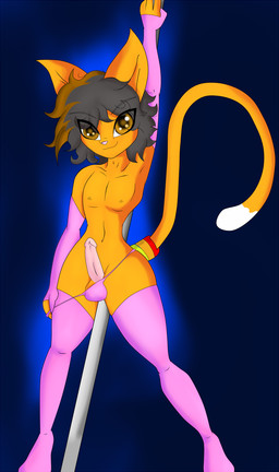 anthro balls clothing curvy_figure dancing erection femboy genitals humanoid_genitalia humanoid_penis legwear long_tail looking_at_viewer male penis pole pole_dancing smile solo stockings tail thong underwear undressing neronova confusedkitty felid mammal hi_res