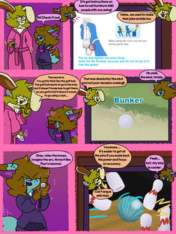 black_spots blue_body blue_fur bottomwear bowling brown_body brown_fur clothing controller dialogue freckles fur game_controller golf hair hair_over_eyes nintendo_controller robe shorts sport spots sweatshirt text wii_remote yellow_body yellow_fur chibitay nintendo wii biscuit_(chibitay) muffin_(chibitay) domestic_cat felid feline felis hybrid lagomorph leporid mammal rabbit translop translynx 3:4 absurd_res comic english_text hi_res