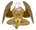 abs anthro areola beak blush bottomwear breasts clothing feathered_wings feathers female genitals muscular muscular_female nipples non-mammal_nipples pubes pussy shorts simple_background sitting solo talon_hands white_background wings yellow_eyes redxbacon friendship_is_magic hasbro my_little_pony mythology gilda_(mlp) avian gryphon mythological_avian mythological_creature