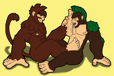 anthro duo feet foot_fetish foot_lick foot_play fur hair licking male male/male mohawk muscular nude tongue tongue_out noblekitty1_(artist) chips_(shirobear) noble'raj_(noblekitty1) haplorhine mammal monkey primate