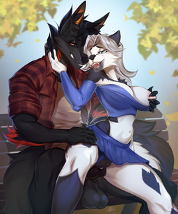 anthro anthro_on_anthro anthro_penetrated anthro_penetrating anthro_penetrating_anthro areola balls biped breasts claws clothed clothed_anthro clothed_female clothed_male clothing duo erection female female_penetrated fingers front_view fur genitals hair male male/female male_penetrating male_penetrating_female nipples outside penetration penile penile_penetration penis penis_in_vagina sex sitting smile tail teeth tongue vaginal vaginal_penetration vulva allatir miliam_(genemon) canid canine canis mammal wolf 2026 digital_drawing_(artwork) digital_media_(artwork) hi_res