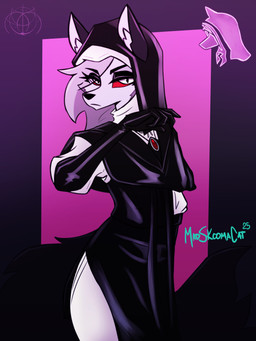 anthro armwear black_body black_fur clothing elbow_gloves female fur gloves grey_body grey_fur grey_hair habit hair handwear looking_at_viewer nun nun_outfit pupils red_sclera slit_pupils solo white_body white_eyes white_fur madskoomacat elden_ring_nightreign fromsoftware hellaverse helluva_boss mythology loona_(helluva_boss) undertaker_(nightreign) canid canid_demon canine demon hellhound mammal mythological_canine mythological_creature 3:4 absurd_res hi_res