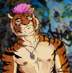 anthro hair half-closed_eyes jewelry looking_at_viewer male narrowed_eyes necklace nipple_piercing nipples piercing purple_hair solo stripes fonyaa felid mammal pantherine tiger