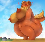 anthro areola big_breasts big_butt breasts brown_body brown_fur butt crouching duo eyes_closed female fur heart_symbol larger_female macro male nipples nude orange_areola orange_nipples size_difference smaller_male smile tail kify nintendo pokemon canid canine canis dachsbun generation_9_pokemon human mammal pokemon_(species) absurd_res hi_res