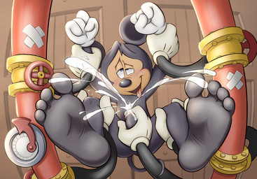 anthro bdsm black_body bondage bound corruption crazed_look ejaculation feet foot_fetish foot_focus genitals gooning handjob humanoid_feet machine male penile penis plantigrade sex solo mickeyryona disney mickey_mouse mammal mouse murid murine rodent hi_res