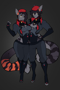 anthro biped breasts clothed clothing duo female hair hat headgear headwear machine male tail ni70 korosain_(kellervo) android felid feline mammal robot hi_res nonbinary_(lore)