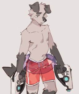 anthro biped black_body black_eyes black_fur boxers_(clothing) clothed clothing floppy_ears fur male pool_float red_boxers red_clothing red_underwear slim_anthro slim_male solo topless topless_anthro topless_male toy toy_gun underwear water_gun white_body white_fur white_fur_tuft hemuchang shin_(hemuchang) canid canine canis domestic_dog mammal 2022 hi_res