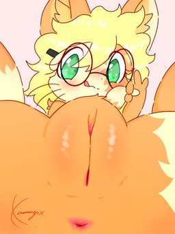 4_fingers adolescent anthro anus black_nose blonde_hair blush clitoris eyelashes eyewear eyewear_only female fingers fur genital_focus genitals gesture glasses glasses_only green_eyes hair humanoid_genitalia humanoid_vulva inner_ear_fluff innie_vulva looking_at_viewer nude nude_anthro nude_female orange_body orange_ears orange_fur orange_inner_ear_fluff pink_anus pink_background pink_vulva sex_gesture simple_background solo spread_legs spreading suggestive suggestive_gesture tongue tongue_out tuft vulva vulva_focus wearing_glasses yellow_body yellow_ears yellow_fur young young_anthro young_female conditional_dnp xammyxx lenny_(xammyxx) domestic_cat felid feline felis mammal 2026 3:4 digital_media_(artwork) hi_res ibispaint_(artwork) shaded signature watermark