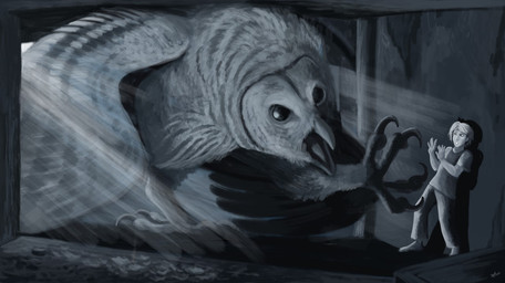 4_toes ambiguous_gender attack attack_pose beak box container cramped cramped_wings damaged_wall dim_lighting duo feathered_wings feathers feet feral inside larger_ambiguous larger_feral leaning light light_beam looking_at_another macro male open_beak open_mouth realistic room_filling side_view size_difference smaller_human smaller_male spread_wings standing toes wings zygodactyl hodarinundu avian bird human mammal owl 2022 digital_media_(artwork) digital_painting_(artwork) monochrome painting_(artwork)