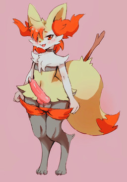 anthro balls blush bodily_fluids bottomwear bottomwear_pull claws clothing clothing_pull crop_top digitigrade feet fluffy fox_ears fox_tail fur genital_fluids genitals hair happy male medium_hair navel paws penis precum red_body red_eyes red_fur red_hair shirt shorts shorts_pull solo stick toe_claws topwear white_body white_fur yellow_body yellow_fur miroxen nintendo pokemon braixen canid canine fox generation_6_pokemon mammal pokemon_(species) hi_res sketch