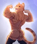 anthro backsack balls biceps boots boots_only bubble_butt butt casual_nudity clothing eyebrows facial_hair fangs fist flexing footwear footwear_only fur fuzzy genitals green_eyes looking_back male mostly_nude muscular muscular_anthro muscular_male mustache open_mouth open_smile orange_body orange_fur raised_arms rear_view shoes simple_background smile solo sparkles tail teeth wet_wasabi dreamworks puss_in_boots_(franchise) puss_in_boots_(dreamworks) domestic_cat felid feline felis mammal tabby_cat absurd_res hi_res signature