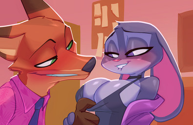 anthro big_breasts biped blush breasts clothed clothing duo female male male/female orange_body predator/prey pupils smile topwear bigdad disney zootopia judy_hopps nick_wilde canid canine fox lagomorph leporid mammal rabbit