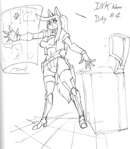 5_claws 5_fingers anthro belt black_text boots breasts claws cleavage cleavage_cutout clothed clothing computer count cutout day_count electronics eyelashes eyelashes_through_hair female fingerless_gloves fingers footwear gloves hair handwear high_heels hologram holographic_screen jacket legwear midriff science_fiction shoes snout solo tail text thigh_boots thigh_highs topwear translucent translucent_hair vant_talon inktober inktober_2025 mammal species_request 2025 character_request english_description english_text hi_res monochrome pen_(artwork) traditional_media_(artwork)