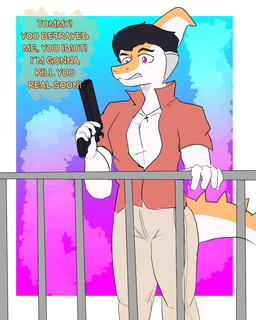 5_fingers abstract_background anthro black_hair body_hair bone_frill chest_hair clothing collared_shirt cross cross_necklace dialogue dress_shirt fingers frill_(anatomy) grey_hair gun hair handgun holding_gun holding_handgun holding_object holding_pistol holding_ranged_weapon holding_weapon jewelry long_tail male multicolored_body multicolored_hair multicolored_scales necklace orange_body orange_scales pecs pink_eyes pistol ranged_weapon scales shirt short_hair snout solo spiked_tail spikes spikes_(anatomy) tail text topwear two_tone_body two_tone_hair two_tone_scales weapon white_body white_scales arsenic_iii cavemanon_studios snoot_game tony_(snoot_game) dinosaur hadrosaurid ornithischian ornithopod parasaurolophus prehistoric_species reptile scalie 2024 4:5 digital_drawing_(artwork) digital_media_(artwork) english_text hi_res
