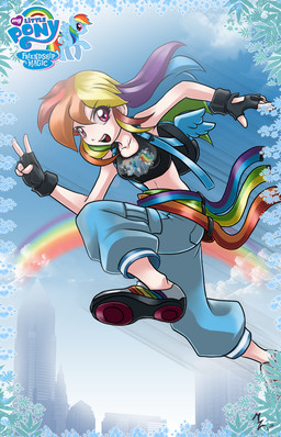 alternate_species backpack belt blue_body blue_feathers city cloud feathered_wings feathers female fur hair happy humanized jumping looking_at_viewer multicolored_hair multicolored_tail not_furry open_mouth outside pink_eyes rainbow rainbow_arch rainbow_hair rainbow_tail sky smile solo tail wings mauroz friendship_is_magic hasbro my_little_pony mythology rainbow_dash_(mlp) equid equine human mammal mythological_creature mythological_equine pegasus hi_res