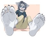 5_toes anthro barefoot black_clothing black_shirt black_topwear blue_eyes bottomwear claws clothing feet female foot_fetish foot_focus humanoid_feet pants plantigrade shirt short_sleeves soles solo toe_claws toes topwear oyatsu tsukareta-inu_no_anime reiko_oogami canid canine canis mammal wolf absurd_res hi_res signature