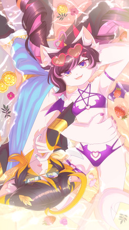 ahoge anthro bikini biped black_body black_fur black_hair blue_eyes bracelet breasts claws clothing day duo eyewear eyewear_on_head fake_wings female food fruit fur glasses glasses_on_head hair heart_glasses inner_ear_fluff jewelry kemono long_hair lying lying_on_ground male multicolored_body occult_symbol on_back on_ground open_mouth outside partially_submerged pentagram pink_nose plant purple_bikini purple_clothing purple_swimwear rectangular_glasses short_hair small_breasts strawberry swimwear symbol toga tongue tuft two-piece_swimsuit two_tone_body water wearing_glasses white_body white_fur sunnynoga chibs_(myaoduixa) domestic_cat felid feline felis mammal 2025 9:16 absurd_res alternate_version_at_source hi_res