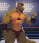 anthro armband beard biceps body_hair bulge chest_hair facial_hair fighting_ring flexing grin group horn male multicolored_body muscular muscular_anthro pecs smile solo_focus tail teeth wrestling shugggie mythology willi dragon mythological_creature mythological_scalie scalie hi_res