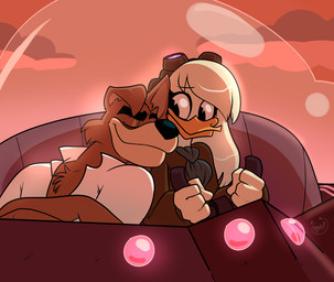 4_fingers anthro beak biped black_nose brown_body brown_fur chest_tuft clothed clothing cloud duo eyebrows eyes_closed eyewear eyewear_on_head female fingers fur goggles goggles_on_head hair head_on_shoulder long_hair male male/female romantic smile sunset tuft white_body yellow_beak lemur_monster disney ducktales ducktales_(2017) talespin della_duck don_karnage anatid anseriform avian bird canid canine canis duck mammal red_wolf wolf 2021 hi_res
