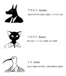 ambiguous_gender anthro egyptian jewelry solo text mofuka egyptian_mythology middle_eastern_mythology mythology anubis bast thoth anubian_jackal avian bird canid canine canis deity felid feline felis jackal mammal pelecaniform threskiornithid japanese_text multiple_images translated