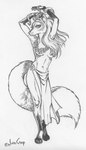 1997 absurd_res anthro bottomwear canid canine censored censored_nipples clothing convenient_censorship dancing dipstick_tail female fox fur gloves_(marking) greyscale hair hair_covering_breasts hi_res leg_markings loincloth mammal markings monochrome multicolored_tail navel socks_(marking) solo susan_van_camp tail tail_markings traditional_media_(artwork)