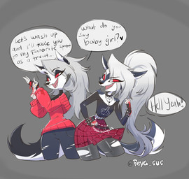 age_difference anthro black_clothing black_nose black_shirt black_topwear bottomwear bracelet chain clothed clothing collar dialogue duo ear_piercing eyebrow_through_hair eyebrows eyelashes female fully_clothed fur grey_background grey_body grey_fur grey_hair hair half-closed_eyes jewelry long_hair multicolored_body multicolored_fur narrowed_eyes necklace notched_ear older_female open_mouth open_smile pants pattern_bottomwear pattern_clothing pattern_skirt piercing plaid plaid_bottomwear plaid_clothing plaid_skirt red_sclera shirt simple_background skirt smile speech_bubble spiked_bracelet spiked_collar spikes sweater teeth text topwear torn_clothing translucent translucent_hair twitter_handle two_tone_body two_tone_fur white_body white_eyes white_fur younger_female peyg_sus hellaverse helluva_boss mythology fan_character loona_(helluva_boss) canid canid_demon canine demon hellhound mammal mythological_canine mythological_creature 2026 absurd_res artist_name english_text hi_res daughter_(lore) mother_(lore) mother_and_child_(lore) mother_and_daughter_(lore) parent_(lore) parent_and_child_(lore) parent_and_daughter_(lore)