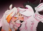 4_ears anthro aroused bared_teeth black_body black_feathers black_fur black_nose black_sclera blush blush_lines blushing_at_viewer bodily_fluids chest_tuft clenched_teeth clothing duo fangs fangs_bared feathers female front_view fur grin hair highlights_(coloring) inner_ear_fluff leaning leaning_forward leaning_on_another looking_at_viewer male male/female markings multi_ear open_mouth orange_eyes orange_highlights posing_for_picture purple_eyes saliva saliva_on_tongue saliva_string simple_background smile smug smug_expression smug_eyes smug_grin spots teeth teeth_showing tongue tongue_out topwear tuft white_body white_feathers white_fur white_hair shunya demetra_(yebjiwara) fyr_(fenrir784) avali avian bird cheetah felid feline king_cheetah mammal 2024 absurd_res bust_portrait colored digital_media_(artwork) hi_res portrait shaded