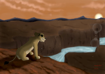 detailed_background female feral river sad solo sunset alpha_rain disney the_lion_king mila_(alpha_rain) felid lion mammal pantherine 2015 hi_res