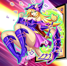 anthro anthrofied armlet big_breasts blonde_hair boots bottomwear breasts cleavage clothed clothing eyelashes female floating footwear fur green_eyes hair handwear hat headgear headwear high_heeled_boots high_heels holding_object kemono long_hair panties panty_shot shoes solo staff tail tan_body tan_fur text thick_thighs underwear wide_hips aozora_(tasogare_aozora) yu-gi-oh! dark_magician_girl duel_monster felid feline mammal 2025 digital_media_(artwork) japanese_description japanese_text
