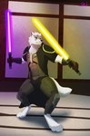 dojo dual_wielding holding_object holding_weapon jedi lightsaber male melee_weapon purple_lightsaber weapon yellow_lightsaber zakuto star_wars canid canine canis mammal wolf absurd_res hi_res