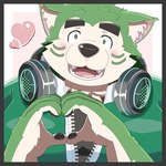 anthro blush border electronics eyebrows fur gesture green_body green_fur grey_border headphones headphones_around_neck heart_gesture heart_symbol male overweight solo thick_eyebrows toto3_official lifewonders live_a_hero mokdai canid canine canis domestic_dog mammal 1:1 hi_res