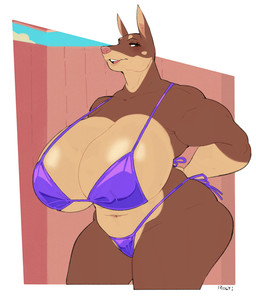 anthro big_breasts bikini biped breasts brown_body clothed clothing eyebrows eyelashes female huge_breasts looking_back mature_female multicolored_body navel pupils purple_bikini purple_clothing purple_swimwear slightly_chubby slightly_chubby_anthro slightly_chubby_female smile solo standing swimwear thick_thighs three-quarter_view triangle_bikini two-piece_swimsuit roly tracy_porter canid canine canis dobermann domestic_dog mammal pinscher 2025 hi_res