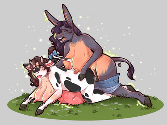 accessory balls big_breasts bodily_fluids bottomwear bow_ribbon breasts breasts_and_teats brown_hair clothing drooling duo female from_behind_position furgonomics genitals grass gynomorph gynomorph/female hair hooves horn intersex intersex/female lactating mid_transformation nipples penetration plant ribbons saliva sex shorts smile species_transformation tail tail_accessory tail_bow tail_ribbon teats tongue tongue_out transformation udders herradur88 bovid bovine cattle dairy_cattle equid equine holstein_friesian_cattle human hybrid mammal mule 2022 digital_media_(artwork) hi_res