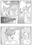 absurd_res ambiguous_gender anthro black_and_white blood bodily_fluids canid canine clothed clothing comic dialogue ear_piercing english_text eric_doyle female fox greyscale group hi_res hybrid inner_ear_fluff inside kifyun2 machine male mammal monochrome piercing scar scientist(undying_void) simple_background sound_effects speech_bubble tatsuo_kimura text tuft turret weapon
