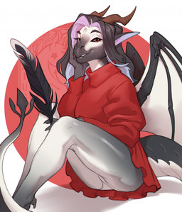 anthro biped breasts butt claws clothed clothed_anthro clothed_female clothing female fingers front_view hair horn looking_at_viewer panties pantsless pantsless_anthro pantsless_female partially_clothed partially_clothed_anthro partially_clothed_female sitting smile solo tail underwear wings 1cassius1 mythology dragon mythological_creature mythological_scalie scalie hi_res