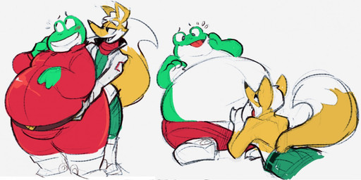 anthro bashful belly big_belly blush blush_lines boots clothing duo fellatio flirting footwear fur furry_tail green_body green_clothing green_skin huge_belly jacket looking_at_another male male/male obese obese_anthro obese_male oral overweight overweight_anthro overweight_male penile red_clothing red_scarf red_suit scarf sex shoes simple_background slim slim_anthro slim_male smile suit tail topwear uniform white_background white_body white_clothing white_fur white_jacket white_skin white_topwear yellow_body yellow_fur boot_(artist) nintendo star_fox fox_mccloud slippy_toad amphibian canid canine fox frog mammal toad_(frog) 2017