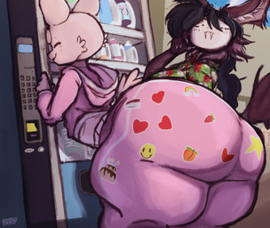 anthro big_butt big_ears big_tail bottomwear butt claws clothing detailed_background duo eyebrows female female/female floral_print food hair hoodie huge_butt long_hair machine neck_tuft pants pink_clothing purple_body sky sticker stickers_on_body summer sweatpants tail thick_eyebrows topwear tuft tusks vending_machine worried umeroart chinchillid food_creature mammal rodent unknown_species absurd_res hi_res huge_filesize