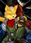 anthro black_nose clothing detailed_background eyebrows fur green_eyes male one_eye_closed solo space star yellow_body yellow_fur leo_zeke nintendo star_fox fox_mccloud canid canine fox mammal hi_res