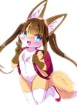 anthro backpack blue_eyes blush breasts chest_tuft clothing featureless_breasts female legwear nude open_mouth simple_background small_breasts solo thigh_highs tuft white_background white_clothing white_legwear young young_anthro kemoribbon canid canine fox mammal hi_res