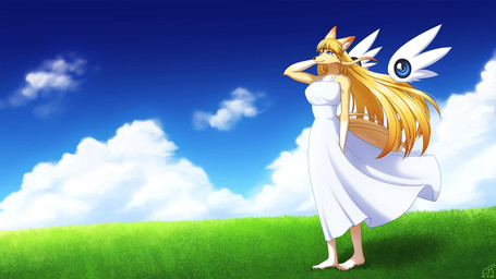 anthro barefoot blonde_hair blue_sky clothed clothing cloud dress feet female floating_wings frutiger_aero fur gloves_(marking) grass_field hair kemono long_dress long_hair markings outside sky solo unusual_anatomy unusual_wings white_clothing white_dress wings yellow_body yellow_fur coolryong lamid_(coolryong) canid canine fox mammal 16:9 4k absurd_res alternate_version_at_source hi_res wallpaper widescreen