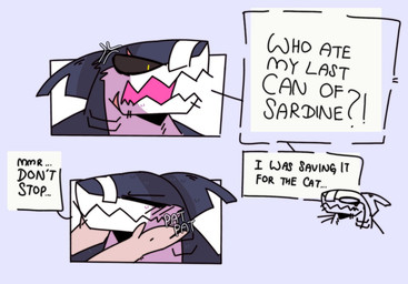 ambiguous_gender anthro bandage bandage_on_face black_sclera blue_background blue_body blush blush_lines closed_smile countershade_face countershade_neck countershading cross-popping_vein dialogue disembodied_hand duo eye_scar eyes_closed facial_scar fin flesh_fang front_view furrowed_eyebrows gills head_fin mouth_closed neck_gills notched_ear onomatopoeia open_mouth pupils scar simple_background slit_pupils smile snout solo_focus sound_effects speech_bubble text white_body white_countershading yellow_eyes skykdotidot ax_(skykdotidot) aquatic fish shark 2024 digital_drawing_(artwork) digital_media_(artwork) english_text headshot_portrait portrait male_(lore)