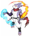 anthro blue_fire bottomwear claws clothing colored_fire ear_piercing ear_ring elemental_manipulation fire fire_manipulation fluffy_chest fur grey_body grey_fur grin male pants piercing ring_piercing scarf shirtless smile solo tattoo floofangel bandai_namco digimon digimon_(species) strabimon hi_res