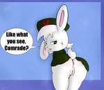 anthro anus big_butt bottomwear butt clothing dialogue female genitals hat headgear headwear looking_back naughty_face presenting presenting_hindquarters presenting_pussy pussy raised_tail scut_tail short_tail skirt solo tail thick_thighs uniform trippybunny betty_(commiebunny94) lagomorph leporid mammal rabbit 2024 digital_media_(artwork) hi_res