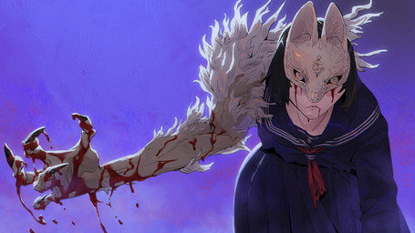 animal_mask asian_clothing black_hair blood blood_from_eye blood_on_hand bodily_fluids clothing east_asian_clothing female fingernails fur hair japanese_clothing japanese_school_uniform kerchief lipstick makeup mask muscular_arm nails school_uniform serafuku sharp_fingernails sharp_nails short_hair simple_background solo transformation uniform white_body white_fur ruffu konami silent_hill silent_hill_f hinako_shimizu humanoid monster monstrous_humanoid 16:9 digital_drawing_(artwork) digital_media_(artwork) widescreen