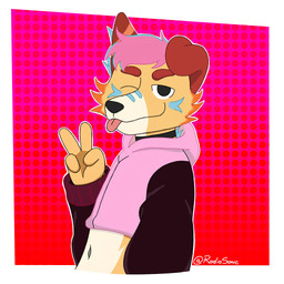 anthro black_nose bottomless brown_ears brown_eyebrows clothed clothing ears_up eyebrows fur hair happy jewelry looking_at_viewer male necklace one_eye_closed orange_body orange_fur peace_symbol pink_background pink_clothing pink_hair pink_sweater pink_topwear purple_jewelry purple_necklace simple_background simple_coloring simple_eyes smile smiley_face solo sweater sweater_dress sweater_only tan_body tan_fur tongue tongue_out topwear topwear_only wink winking_at_viewer radiosonic94 canid canine canis mammal wolf 1:1 absurd_res hi_res