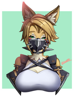 anthro big_breasts blonde_hair breasts brown_highlights choker clothing crop_top eyebrows eyelashes female fur green_eyes hair highlights_(coloring) inner_ear_fluff jacket jewelry mask neck_tuft necklace shirt solo tan_body tan_fur topwear tuft yellow_body yellow_fur zero130rider mihoyo zenless_zone_zero pulchra_fellini felid feline felis mammal thiren 2025 3:4 hi_res portrait