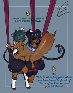 abdominal_bulge anal anal_penetration animal_genitalia animal_penis armwear balls big_balls big_bulge big_butt big_penis black_hair bottom_heavy bubble_butt bulge butt clothed clothing collar dark_body dark_skin duo ear_piercing ear_tag elbow_gloves equine_genitalia equine_penis femboy genitals glistening glistening_body glistening_butt gloves green_hair hair hair_over_eyes handwear horn huge_balls huge_bulge huge_butt huge_penis humanoid_genitalia humanoid_penis hyper hyper_balls hyper_bulge hyper_genitalia hyper_penis knee_highs leggings legwear leotard male male/male partially_clothed pawpads penetration penis piercing size_difference small_but_hung smaller_male tail text thick_thighs wide_hips berrie_lattee berrie_mocha_(berrie_lattee) mochi_(berrie_lattee) animal_humanoid bovid bovine cattle felid felid_humanoid feline feline_humanoid humanoid mammal mammal_humanoid english_text hi_res