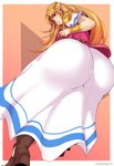 big_butt blonde_hair blue_eyes bottomwear butt clothed clothing female hair huge_butt humanoid_pointy_ears long_hair looking_at_viewer looking_back not_furry pointy_ears rear_view skirt solo white_bottomwear white_clothing white_skirt taigerarts nintendo the_legend_of_zelda princess_zelda humanoid hylian hi_res