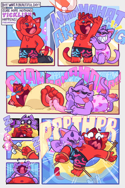 anthro beach clothing duo feet male male/male paws swimming_trunks swimwear text tickle_torture tickling tickling_feet dollytraiter07 felid feline mammal 2:3 comic english_text hi_res